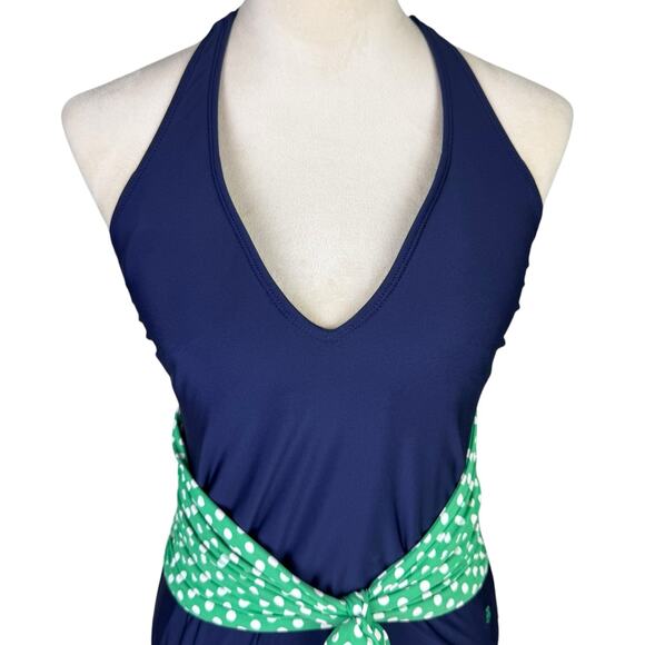 Tommy Hilfiger Navy Green Polka Dot Tie Waist Belt V-neck One Piece Swimsuit - Picture 5 of 11